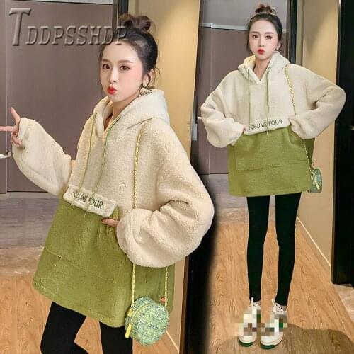 2019 Imitation Lambswool Thick Women Sweatshirt Hooded Patchwork Female Sweatshirts