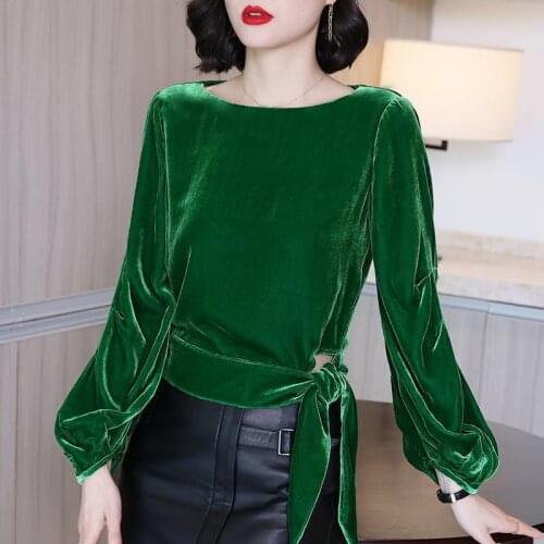 Fall Spring Vintage Womens Warm Thick Bow Lanter Sleeve Wine Red Black Green Velvet Shirt Blouse , Woman 4xl Velour Blouses