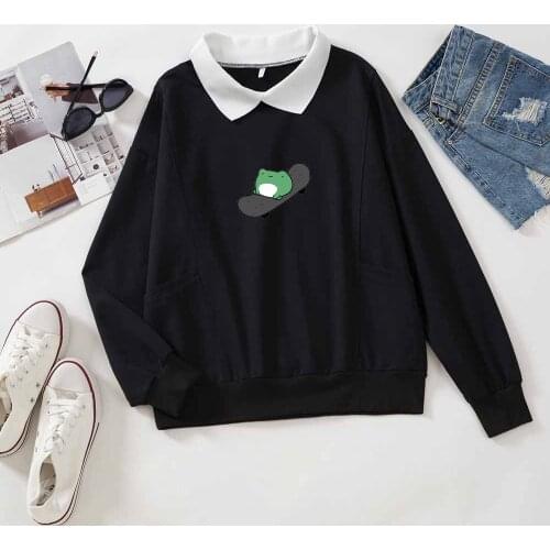 Frog print kawaii sweatshirt women long sleeve oversized hoodie cotton winter pullover women korean style clothes streetwear top