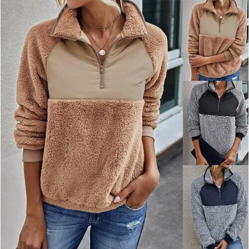 Women Autumn Winter Patchwork Plush Long Sleeve Pullover Stand Collar Sweatshirt