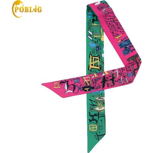 POBING New Design Scarf H Letter Print Women Silk Scarf Fashion Head Scarf Brand Small Tie Handle Bag Ribbon Long Scarves 100*5