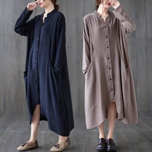 2021 Autumn New Dress Long Over The Knee Solid Color V-Neck Irregular Shirt Dress Women Fashion Casual Baggy Clothing M298