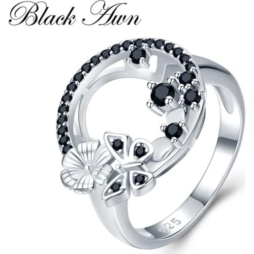 Black Awn New Cute 925 Sterling Silver Fine Jewelry Baguet Row Engagement Black Spinel Butterfl Rings for Women G027
