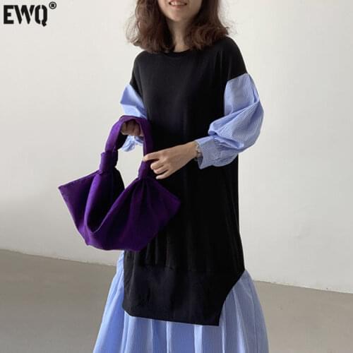 [EWQ] Korea Chic Casual Trendy Women O Neck Fake Two-piece Fashion Loose Striped Stitching Puff Sleeve Dress Autumn 2021 16E2466