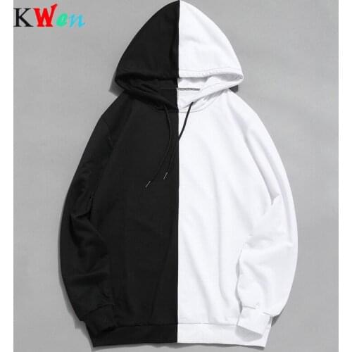 2020 Masculino Com Capuz Moda Manga Longa Dos Homens Capuz Metade Preto Branco Fresco Planície Retalhos De Algodão Moletom