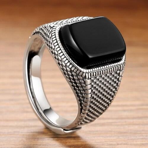 2020 new real S925 pure Silver Vintage Thai Silver Index Ring Wholesale For Men And Women Fashionable Black Agate Open Men ring