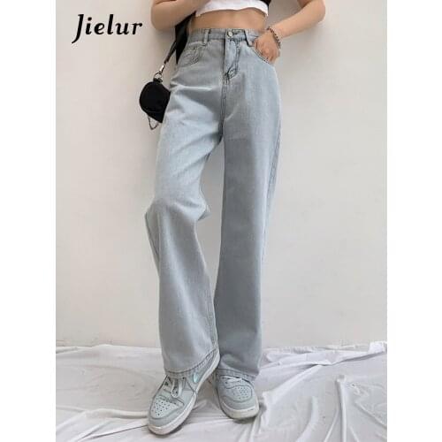 Jielur Chic Summer Wide Leg Womens Jeans 2021 High Waist Denim Jeans Black White Light-blue Vintage Washed Pants Female Girls