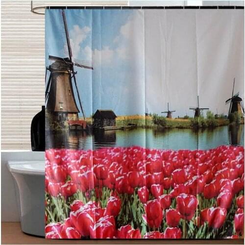 Classic Europe Scenery Holland Windmill Tulip Waterproof Polyester Bathroom Decorations BathFabrics Shower Curtains 180x180cm