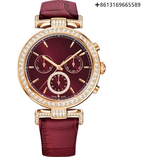 Classic fashion leather strap, dark red, rose gold PVD watch for men and women