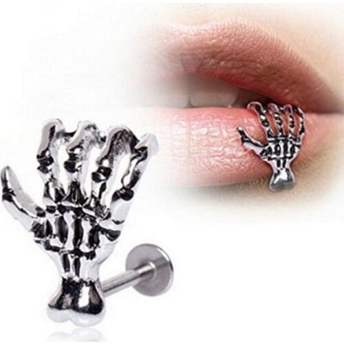 Gothic Punk Skull Hand Shape Devil Hand Kylie Lip Ring Ear Piercing Jewelry Skeleton Plam Stud Ring