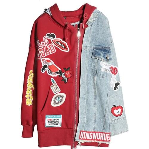 Thailand Tide Brand Embroidery Badge Hooded Jacket Women Loose Jean Stitch Long Sleeve Tops