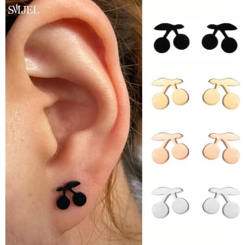 Small Stainless Steel Cherry Earrings for Girls Korean Style Cute Fruit Black Stud Earrings Party Jewelry Accessories Wholesale