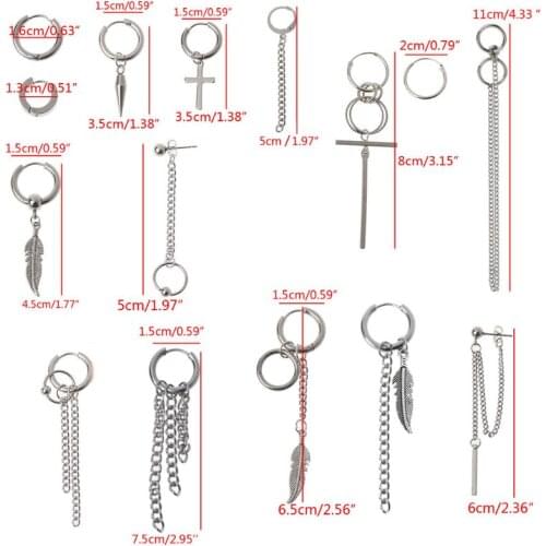 Y166 12 Pairs Titanium Steel Statement Korean Cross Feather Chain Drop Earrings Set