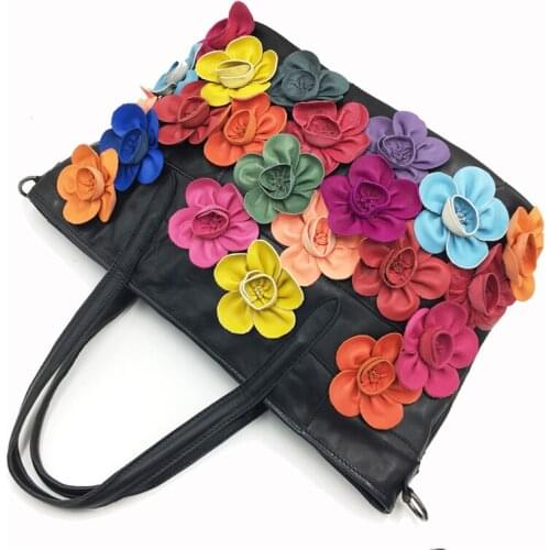 Casual Totes Women Crossbody Bags Colorful Flower Patchwork Sheepskin Leather Bags 2020 New Ladies Fashion Handmade Shoulder Bag