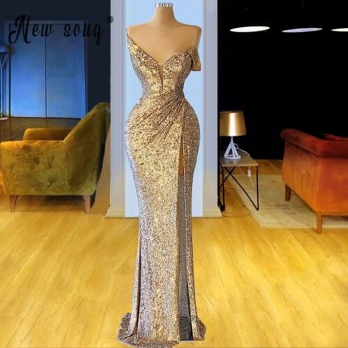 Gold Mermaid Luxury Evening Dresses Gowns 2021 Sparkle Beading Split Side Sexy For Women Party Formal Party Wear Gown