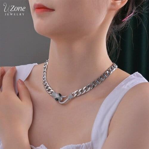 UZone Silver Punk Stainless Steel Snake Shape Pendant Thick Cuban Chain Necklaces for Women Unisex Choker Jewelry Daily Wearing