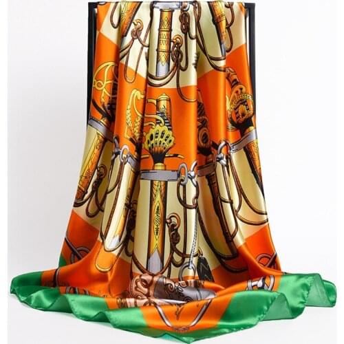 Print Silk Shawl Foulard Satin Hijab Square Scarf For Women Retro Hair Bands Neckerchief Female Head Wraps Headband Bandana 2021