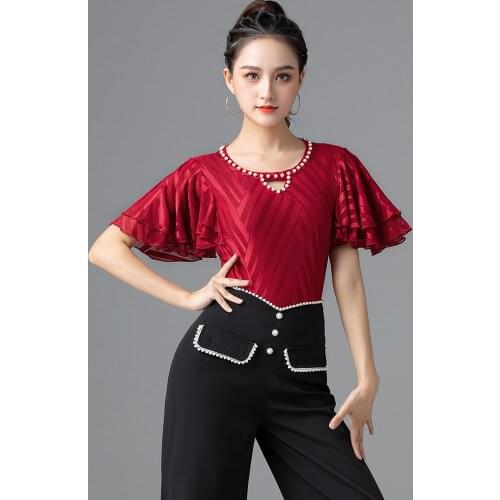 Summer Latin Dance Tops For Women Ruffle Sleeve Pearl Neck Rumba Salsa Dancing Costume Ballroom Waltz Performance Shirt VDB3748