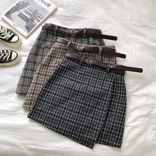 2021 Korean Irregular Lady Skirt Female Autumn Sweet High Waist A-line Mini Skirt Vintage Casual Women Plaid Skirt Chic Sashes