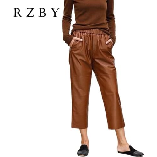 Real 100% Women Genuine Leather Pants Harem Sheepskin Leather Women Trousers High Waist Pants Elastic Waist Streetwear RZBY241