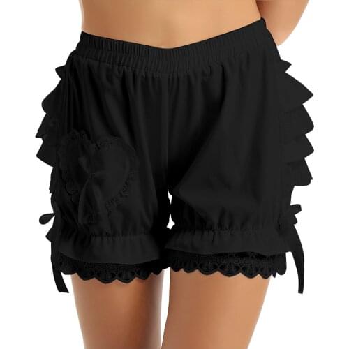 Womens Vintage Victorian Gothic Pantaloons Costume Elastic Waist Layered Ruffle Lace Trim Loose Pumpkin Shorts Bloomers Shorts