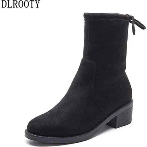 Women Snow Boots Ankle 2018 Winter Warm High Heels Square heel Flock Casual Shoes Woman Round Toe Platform Plus Size 34-43