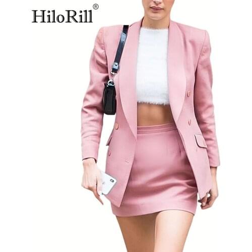 HiloRill Chic Office Wear Pink Two Piece Set Women Double Breasted Blazer With High Waist Mini Skirt Solid 2 Piece Outfits