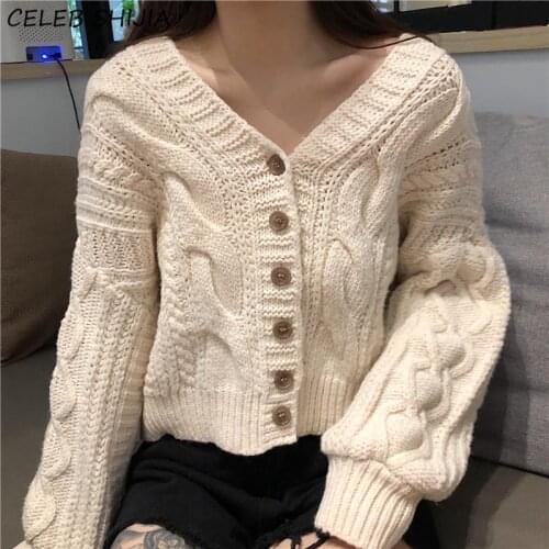 SHIJIA Twist Apricot Sweater for Woman Single-breasted V-neck Autumn Winter New Knitted Cardigan Woman Fall Warm Caot Fall 2021