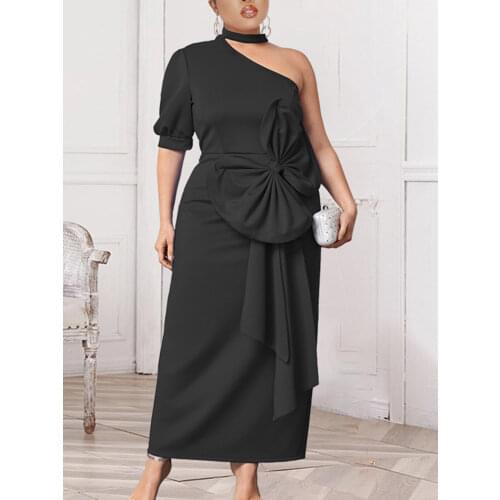 Elegant Ladies Long Black Dress Big Bow Bare Shoulder Halter Ruffle Dress Plus Size Curve Women Summer Party Evening Prom Outfit