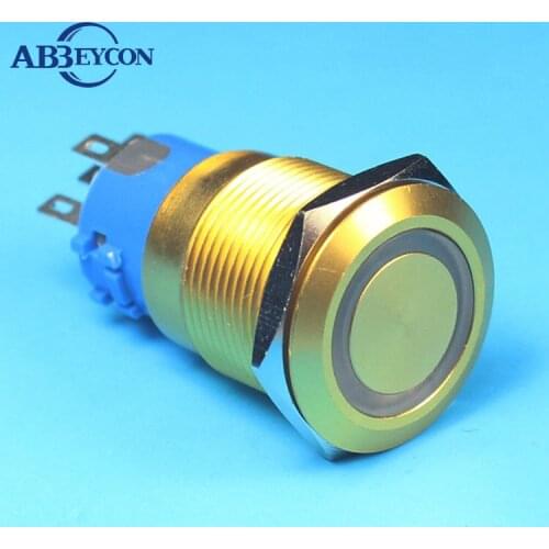 1922F 19mm Flat round head momentary golden pin terminal ring lamp switch waterproof