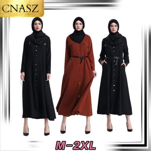 2020 New Muslin Middle East Vintage Metal Buckle Arab Robe Open Button Dress Send Belt Moroccan Dubai Fashion Style Ladies Dress