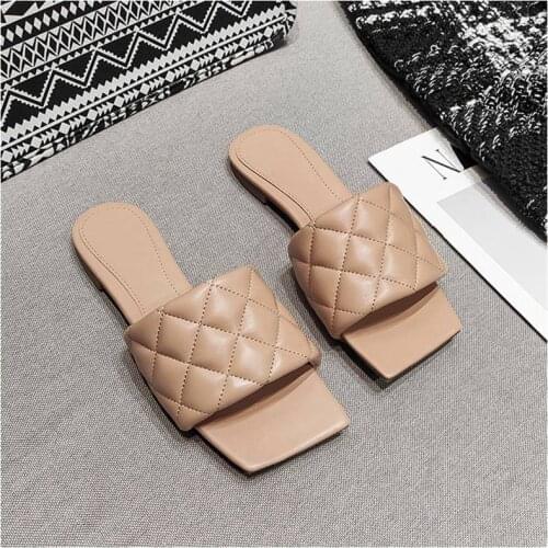 2021 Square Toe Slippers Flat Heel Women Embroidery Diamond Slides Shoes Summer Outdoor Beach Sandal Slipper Flip Flop