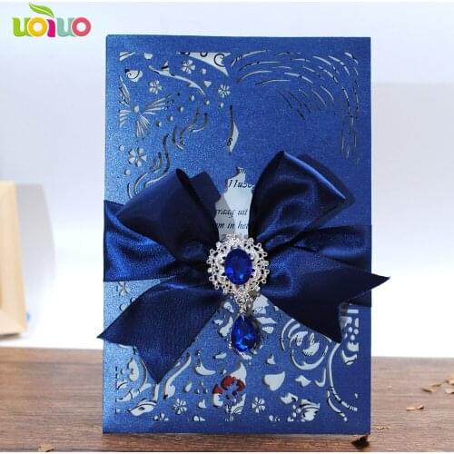 DIY 25set customize inc266 couple navy laser cut wedding invitation card+ tied bow + big rhinestone+printing card+envelope seal