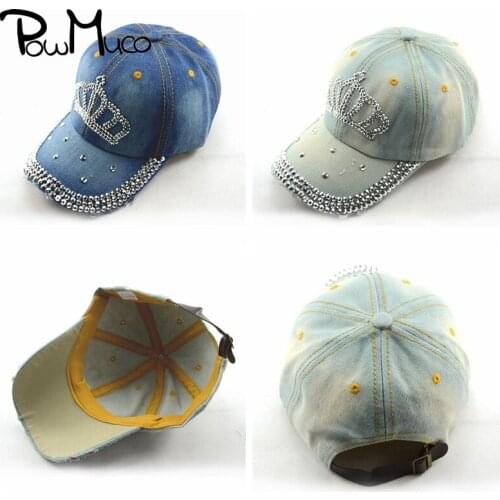 Powmuco Shining Rhinestone Crown Pattern Baseball Caps Fashion Baby Girls Denim Hats Adjustable Casual Bonnet Sunscreen Headwear