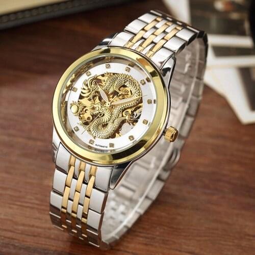 Gorben Dragon Skeleton Automatic Mechanical Watches Stainless Steel Strap Men Wrist Watch Waterproof Sport Male Wristwatch