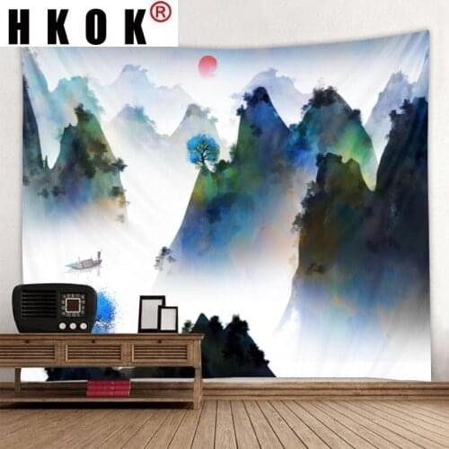 HKOK China Mountain Landscape Tapestry Hanging Covering Rugs Background Cloth Beach Mat Blanket Art Bedroom Living Home Decor