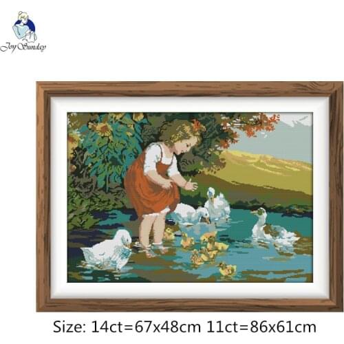 Joy sunday The Little Girl and Ducks in Pool Stamped Embroidery kits DMC Cross-Stitch DIY Handwork Crafts Fabric 14CT 11CT