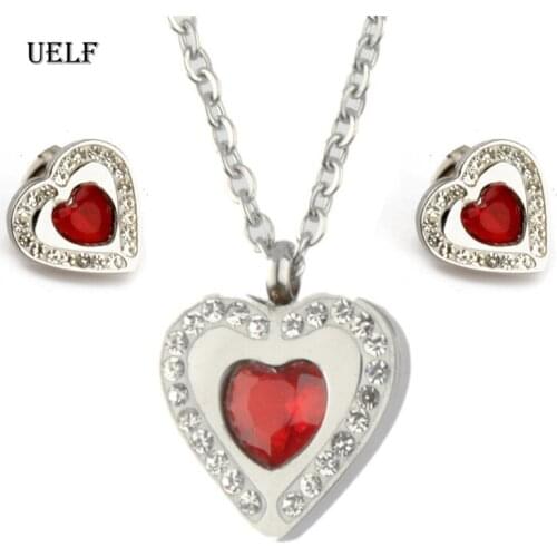 UELF Top Quality Stainless Steel Wedding Jewelry Set Necklace Earrings For Women Red Crystal Heart LOVE Anniversary Gift