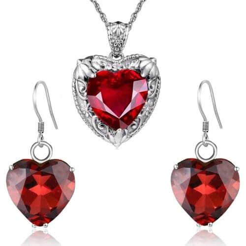 Red Gems 925 Sterling Silver Earring with Necklace Sets for Women Ruby Wedding Earrings Jewellery Set Bridal Jewelry Halo Style