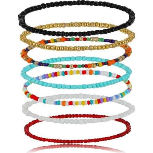 KL49FJ Women Bohemian Bead ANKLET SET - 7 pieces Multi-Strand Beaded Wrap Seed Bead Jewelry Boho Festival Elastic Bracelet Ankle