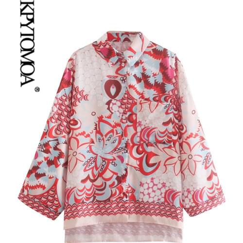 KPYTOMOA Women 2021 Fashion With Scarf Printed Loose Asymmetric Blouses Vintage Long Sleeve Side Vents Female Shirts Chic Tops