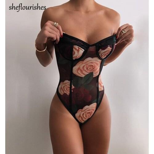 Summer one piece outfit women sexy bodysuit sleeveless skinny bodysuits mesh floral print romper fashion streetwear women
