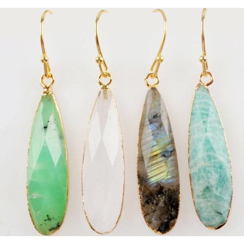 Fashion Teardrop Natural Stone Dangle Earrings Gold Silver Plated Amazonite Jades Crystal Long Stone Earrings for Women
