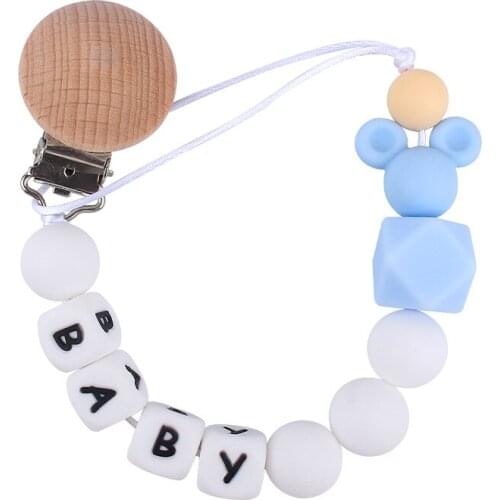 Customizable Hand Made Beech Silicone Letter Children Baby Pacifier Leashes Chain Toy Bracelet for Infant Rope Bite Teether Gift