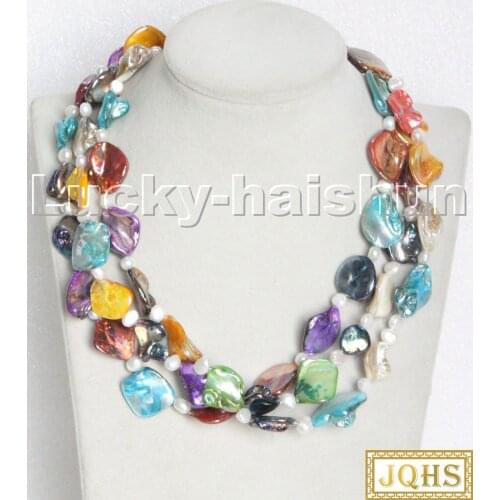 Natural 18" 3row Baroque white pearls Multicolor seashell necklace magnet clasp c115