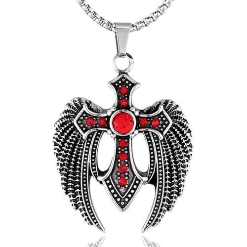 Stainless Steel Red Rhinestone Angel Wings Pendant Necklace Animal Wings Jewelry Gift with 60cm Rolo Chain