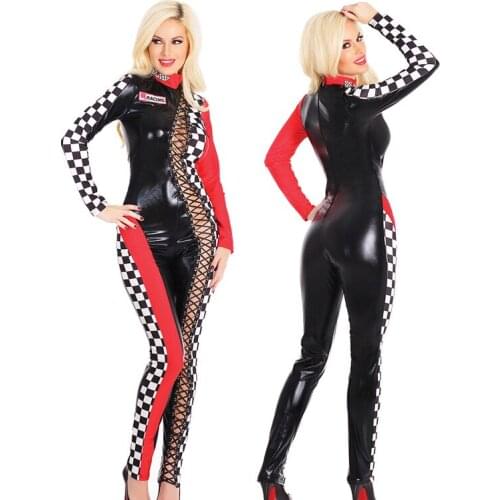 New Arrival Women Sexy Racing suits Lace Up Plaid stitching Slim Jumpsuit Sexy Racing Girls Costume Model Uniforms