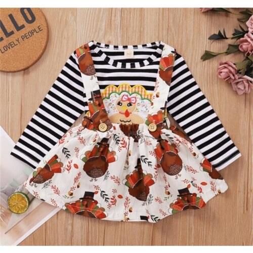 Baby Girls 2 Pieces Suit Striped Round Neck Long Sleeve T-Shirt Floral Suspender Skirt Toddler Thanksgiving Day Outfits Set