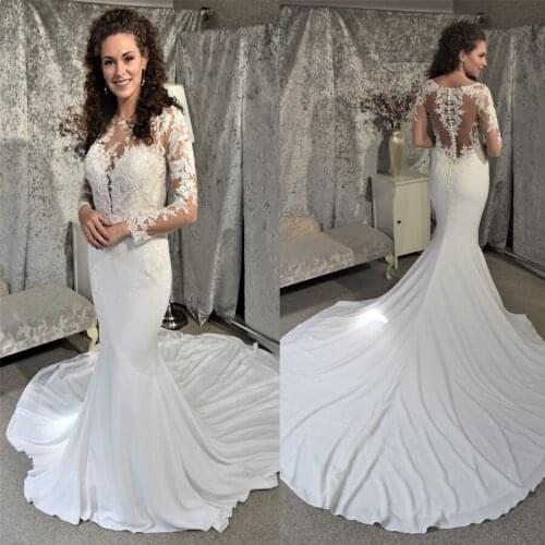 See Through Champagne Mermaid Long Sleeves Wedding Dress Illusion Back White Bridal Dress vestido de novia sirena