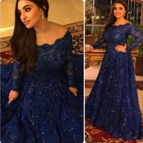 Blue Muslim Evening Dresses A-line Long Sleeves Appliques Lace Beaded Formal Dubai Saudi Arabic Long Evening Gown Prom